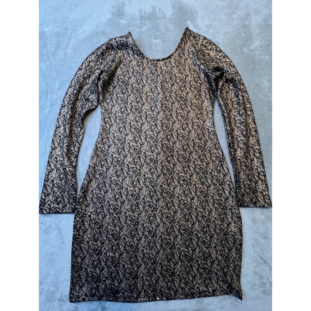 Haute Monde Womens Dress XL Black Gold Metallic Bodycon Long Sleeve Stretch